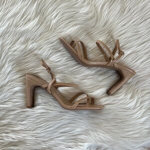Lulu's Nude Strappy Mid Block Heel Sandals
